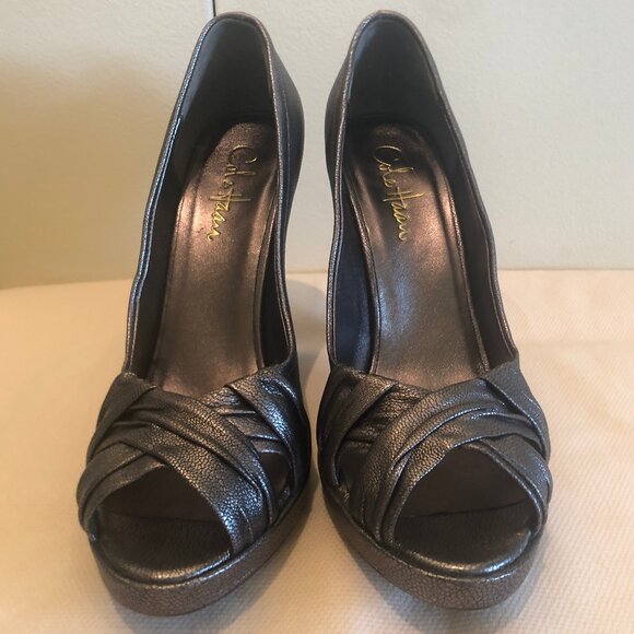 Cole Haan Tonya pewter-colored leather open-toe pumps sz 8 - Picture 5 of 16